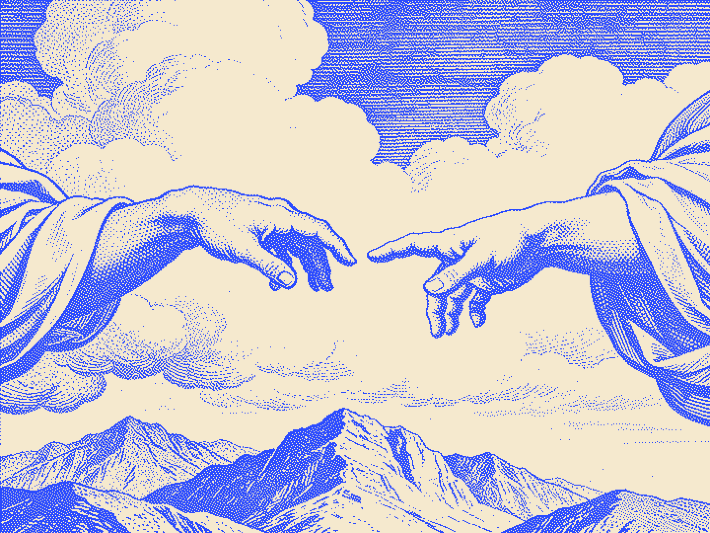 Duotone engraving of two hands reaching toward each other among clouds