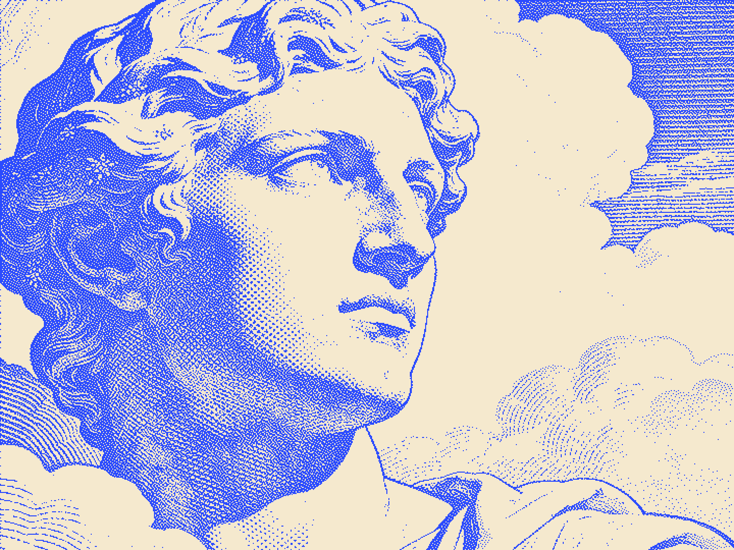 Duotone engraving of a classical statue gazing toward the horizon