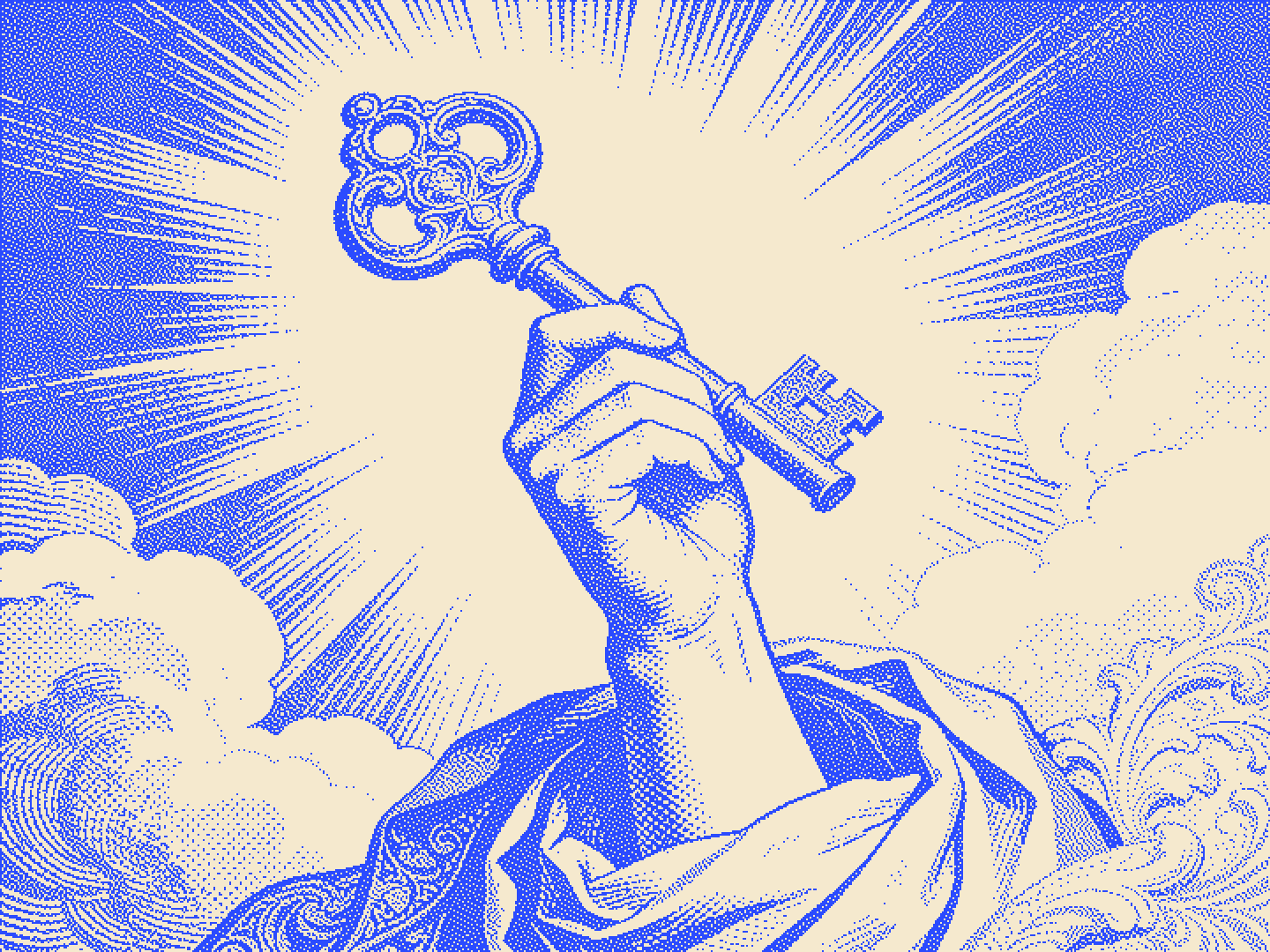 Duotone engraving of a hand raising an ornate key against radiating light